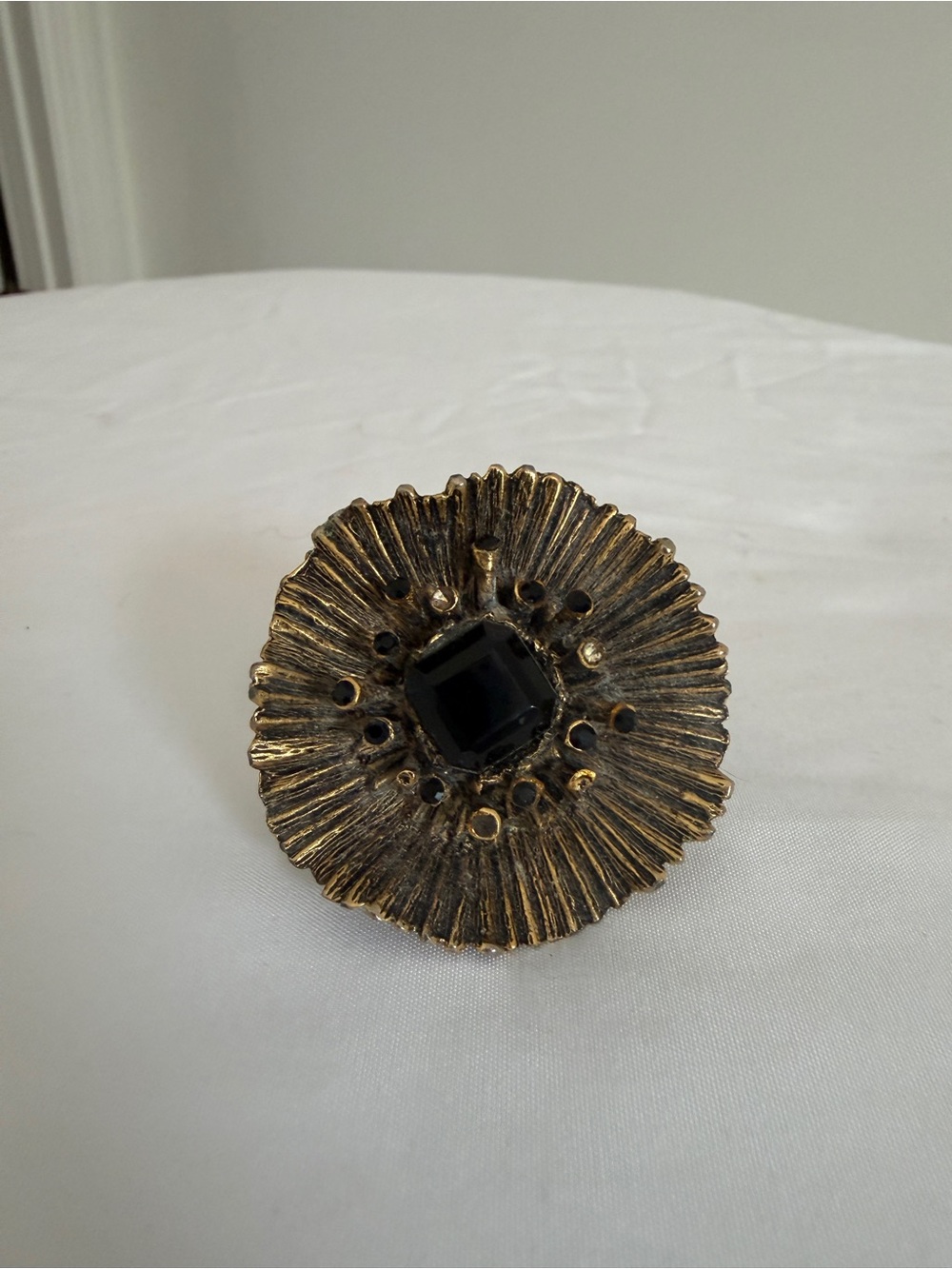 Vintage-Inspired Gold Tone Floral Statement Ring with Black Stone